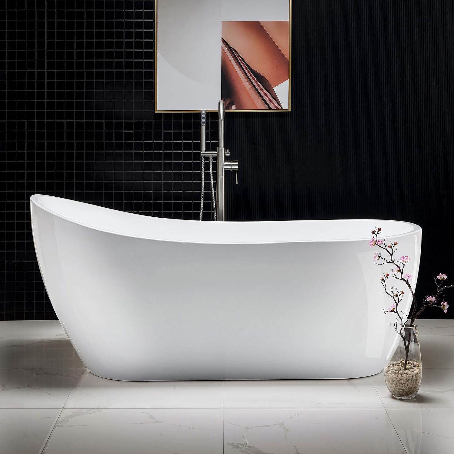 WOODBRIDGE 67' Acrylic Freestanding Bathtub Contemporary Soaking Tub with Chrome Overflow and Drain, B0001-C, White