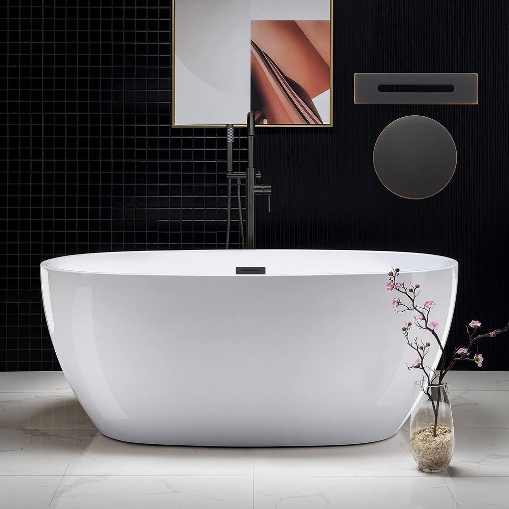 WOODBRIDGE 59'Freestanding White Acylic Soaking Bathtub with Oil-Rubbed Bronze Drain and Overflow,BTA1518 -ORB-Drain &O