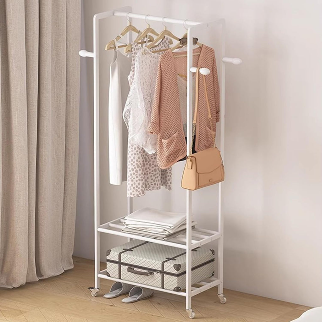 Heavy Duty Coat Rack, Garment Rack Rolling Clothing Rack, Space-Saving Clothes Rack On Wheels, Portable Hanging Storage Organizer with 2 Shelves and 4 Hooks, 3-in-1 Metal Coat Rack for Bedroom (White