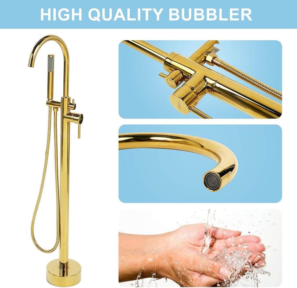 HAWKROWN Freestanding Bathtub Faucet, Floor Mount Bathtub Faucet with 2 Water Outlet Modes, Swivel Gooseneck Spout with Hand Shower, Brass Single Handle Tub filler, Max Flow Rate 7.4 GPM, Gold