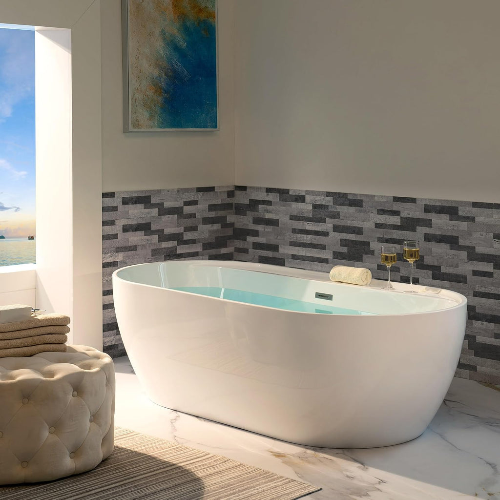 WOODBRIDGE 72' Acrylic Freestanding Bathtub Contemporary Soaking White Tub with Brushed Nickel Overflow and Drain,B0059-BN