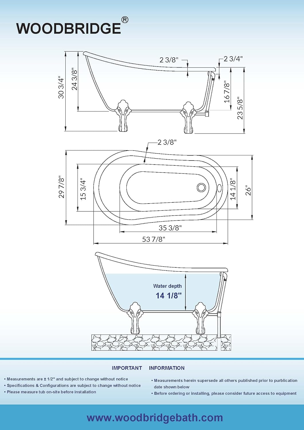 WOODBRIDGE 54' Heavy Duty Acrylic Slipper Clawfoot Bath Tub with Matte Black Feet & Matte Black Drain &Overflow,B0021 MB