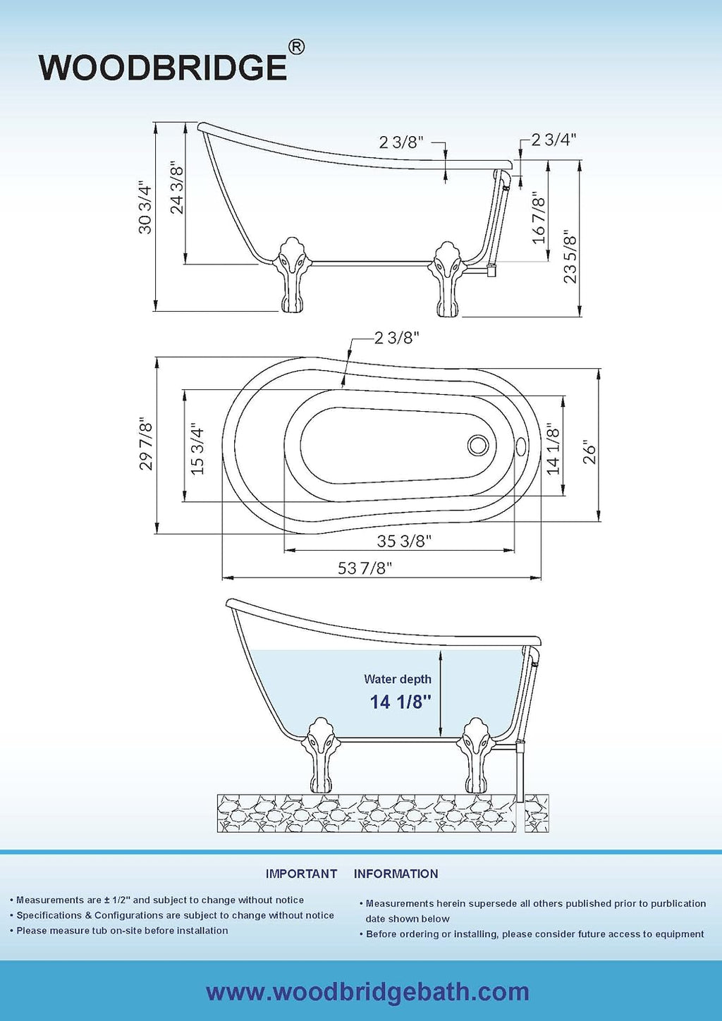 WOODBRIDGE 54' Heavy Duty Acrylic Slipper Clawfoot Bath Tub with Brushed Nickel Feet + Brushed Nickel Drain &Overflow