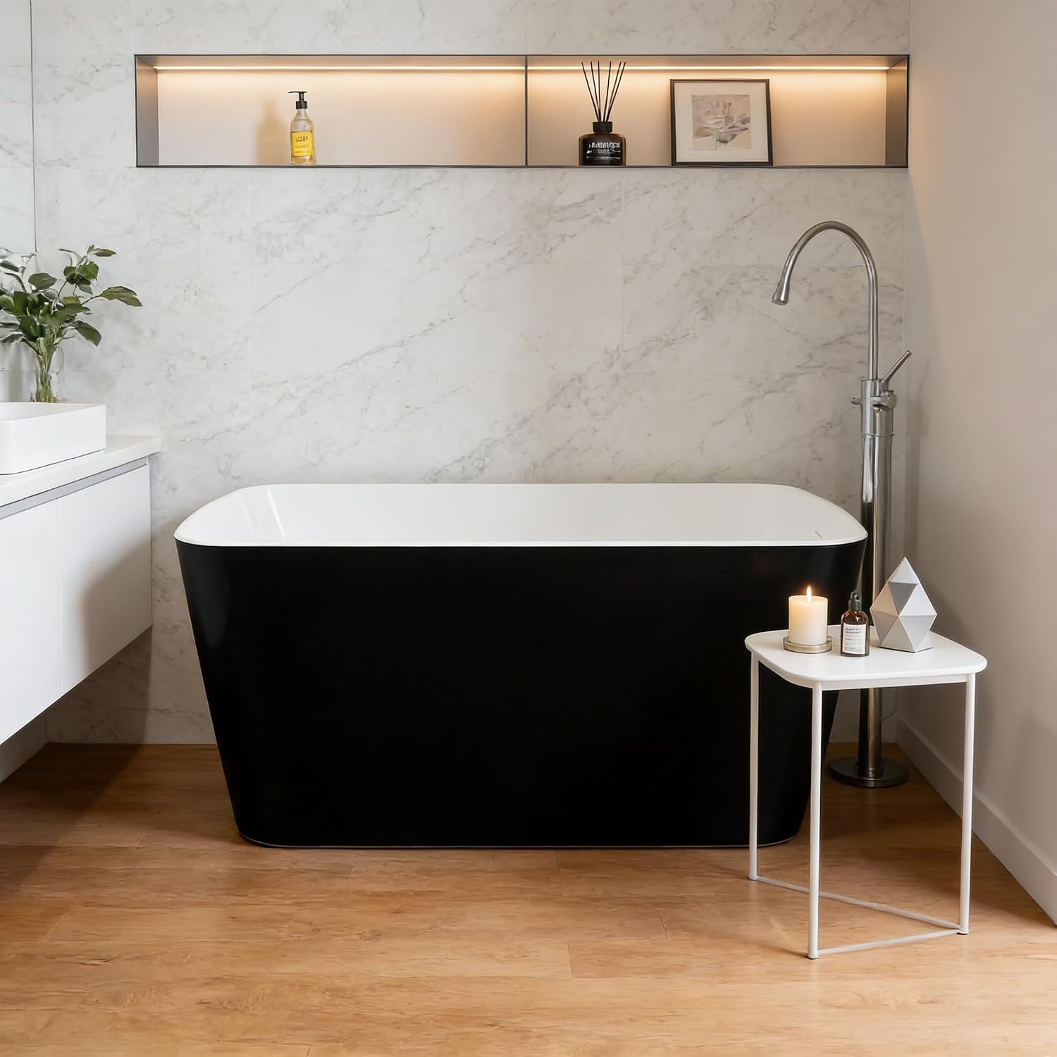 49' Modern Acrylic Freestanding Bathtub, Deep Soaking Stand Alone Tub with Chrome Overflow and Drain, Comfortable Small Space Tub, Black