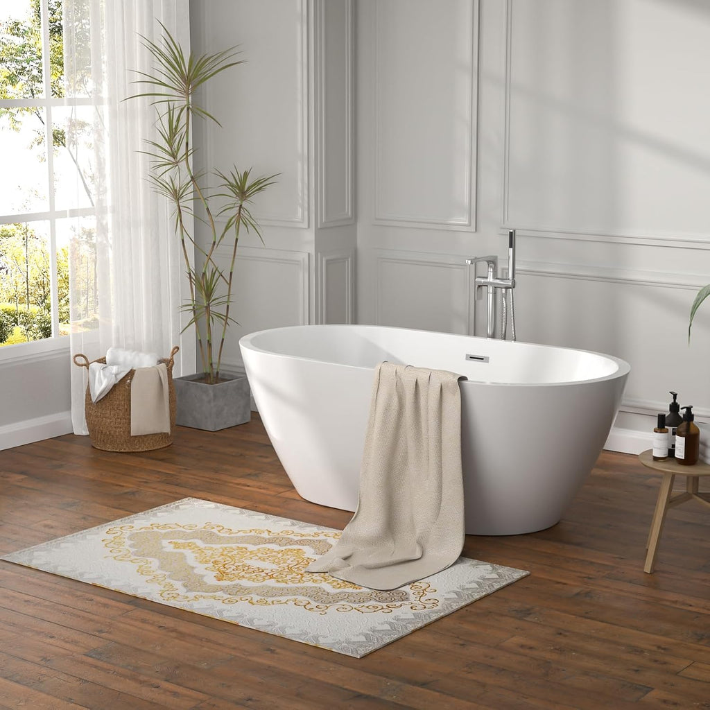 59 Inch Freestanding Acrylic Bathtub White Roll Top Soaking Tub with Smooth Curved Rim, Chrome Drain and Overflow, YSB9216