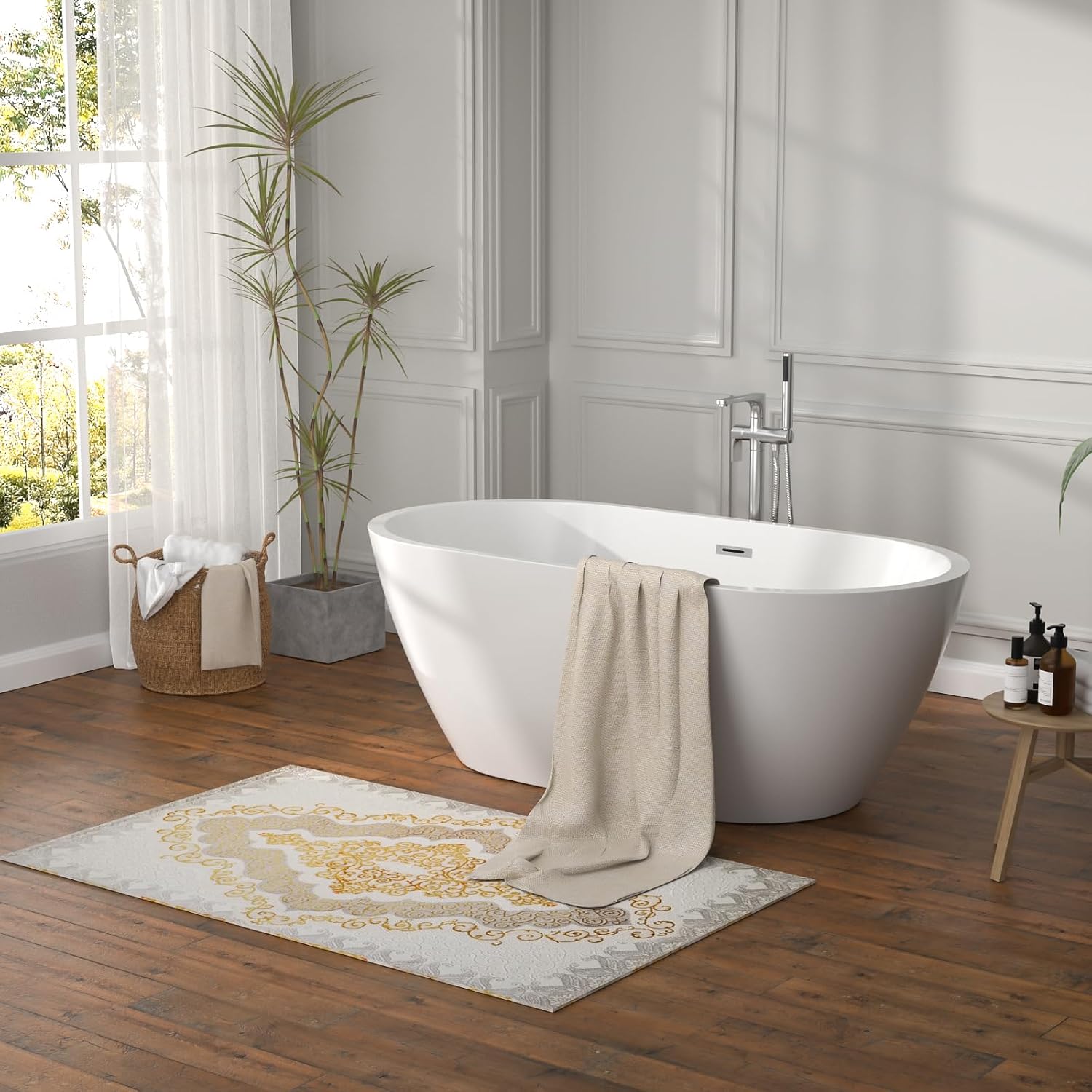 59 Inch Freestanding Acrylic Bathtub White Roll Top Soaking Tub with Smooth Curved Rim, Chrome Drain and Overflow, YSB9216