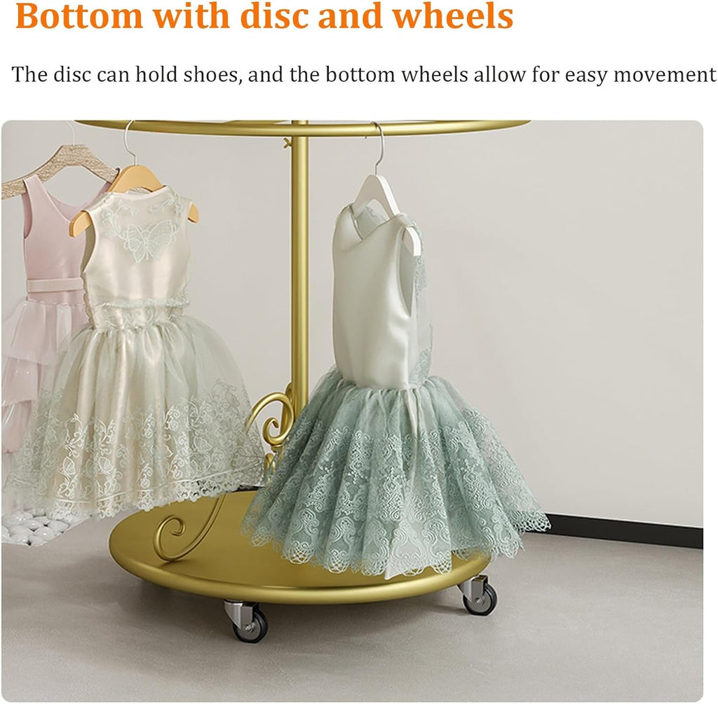 Gold Garment Rack with Casters, 360° Rotating Kids Clothing Display Rack with Top Shelf, Multi-Tier Metal Organizer for Children Clothes, Retail Boutique & Home Closet Storage