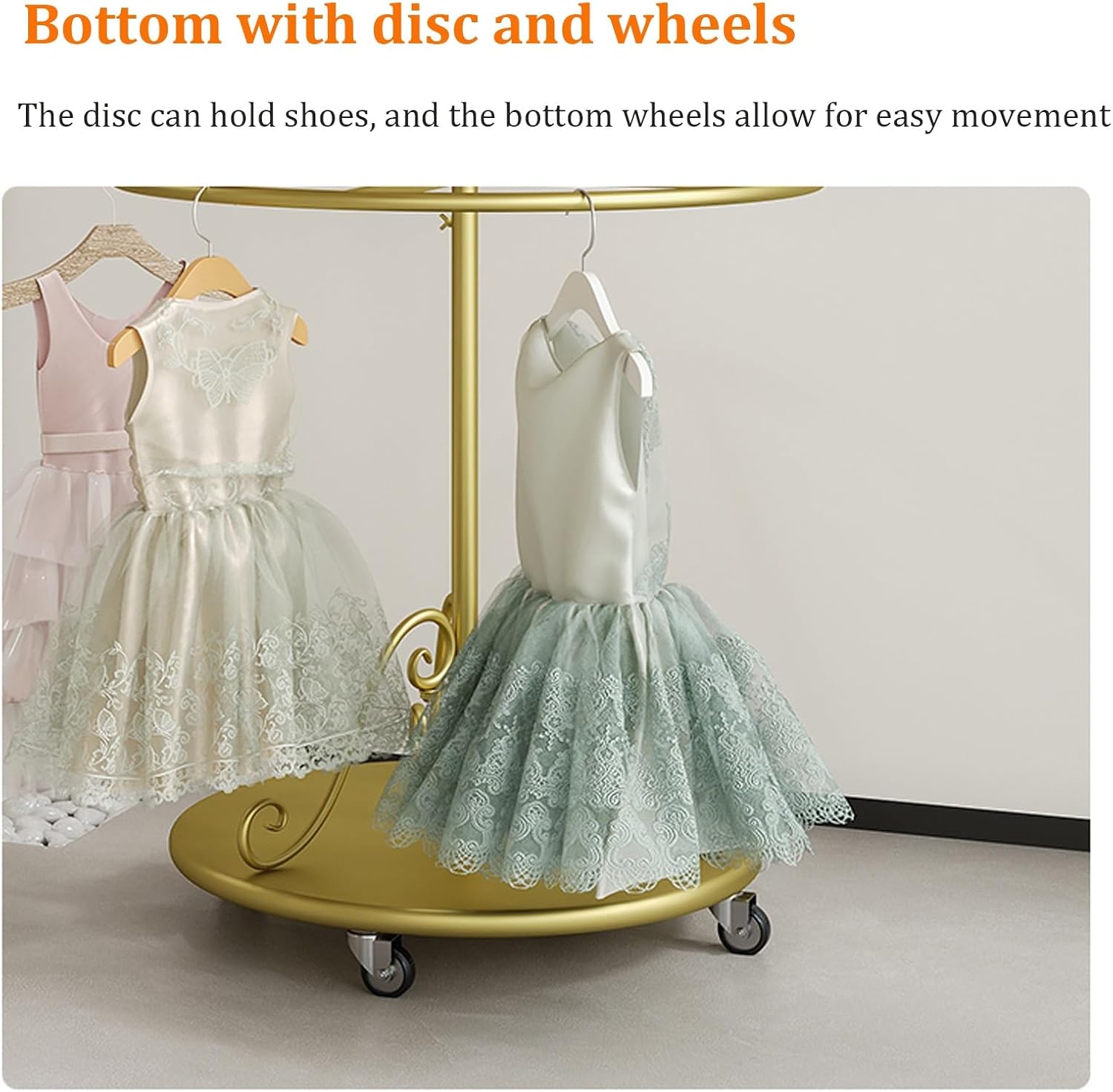 Gold Garment Rack with Casters, 360° Rotating Kids Clothing Display Rack with Top Shelf, Multi-Tier Metal Organizer for Children Clothes, Retail Boutique & Home Closet Storage