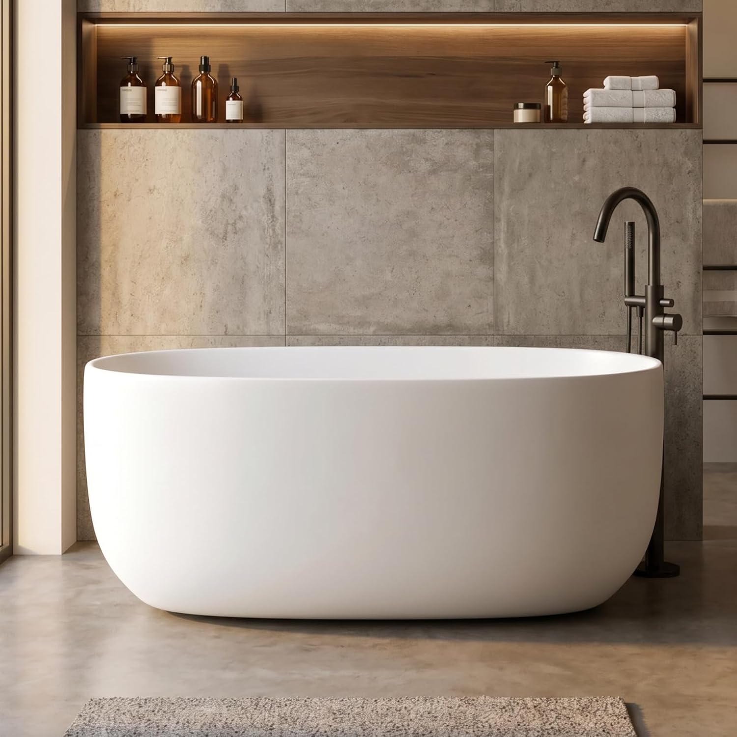 51' Stone Resin Freestanding Bathtub, Oval Shape Solid Surface Freestanding Tubs for Small Bathroom, Stand Alone Soaking Tubs with Integrated Slotted Overflow and Drain, Matte White