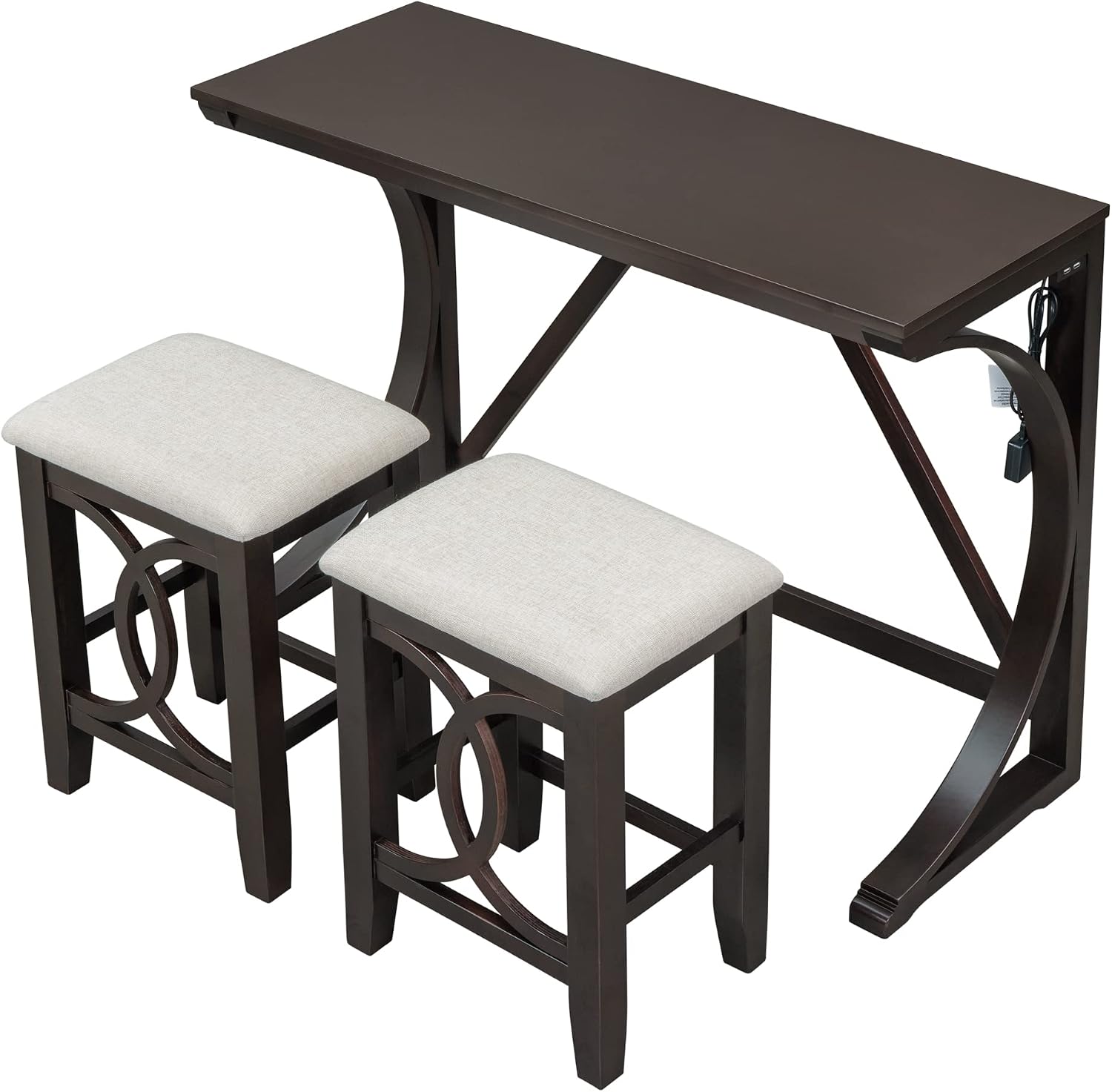 Polibi 3-Piece Farmhouse Counter Height Dining Set, Wood Kitchen Dining Table Set with USB Port and 2 Upholstered Stools for Small Places (Espresso)