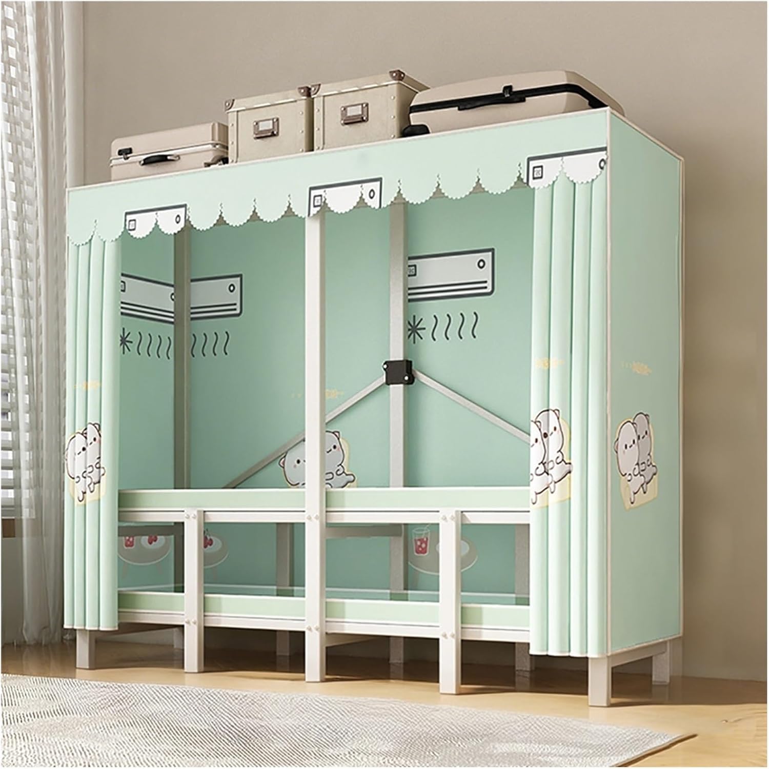 Foldable Clothes Hanger With Cover, Portable Metal Wardrobe Closets, One-Piece Folding Base, Metal Clothing Rack Cotton Cover, Garment Rack With Hanging Rods(Green,190cm/74.8inch)