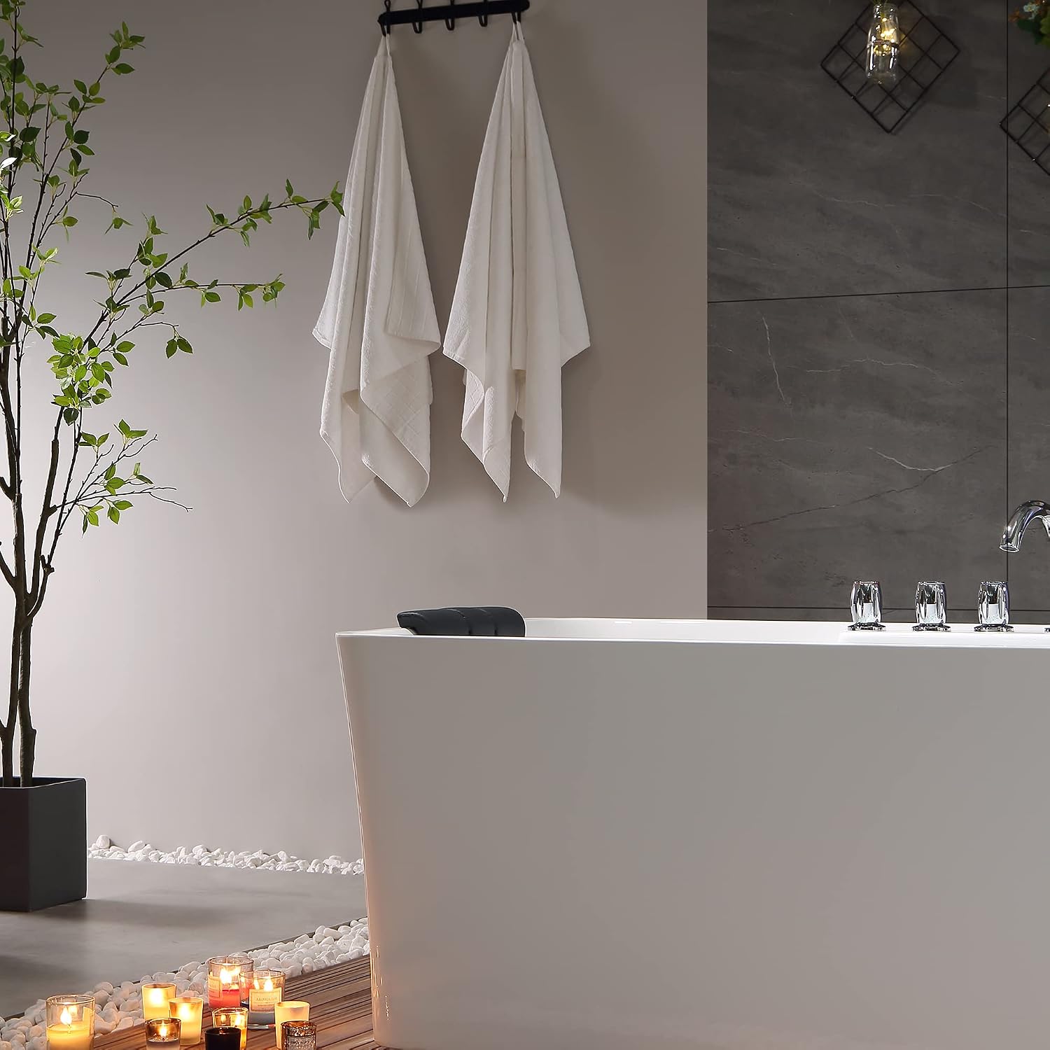 Empava 67 in. Acrylic Freestanding Tub Hydromassage Gracefully Rectangle Shaped Whirlpool 8 Water Jets Soaking SPA, Double-Ended Massage Bathtub with Two Black Pillows