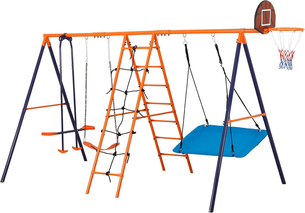 Metal Swing Sets for Backyard, Heavy Duty Toddler Playset Kids Playground Set with Hammock Swing, Belt Swings, Glider, Climbing Ladder and Nets, Basketball Hoop for Outdoor, 660 lbs
