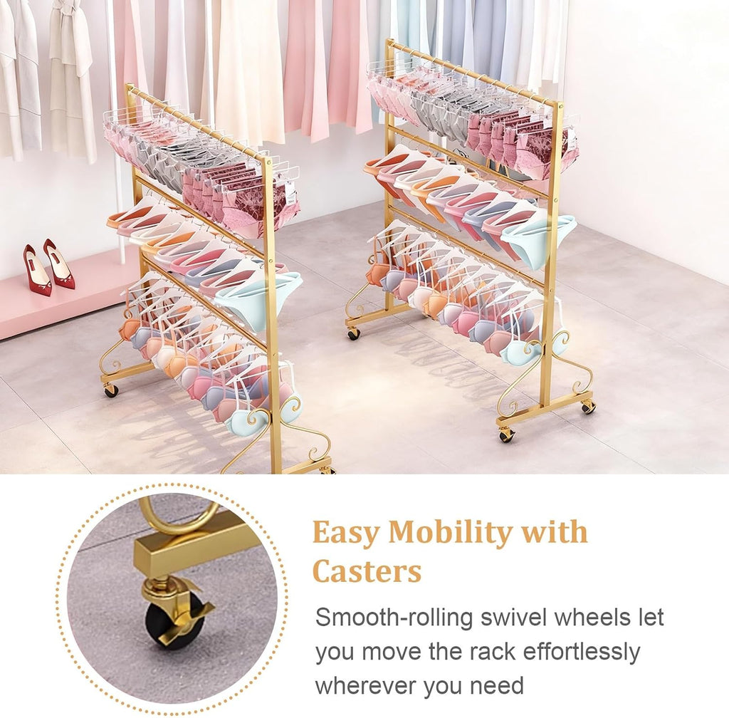3-Tier Underwear Display Stands,Coat Rack Stand,Freestanding Clothing Store Boutiques Retail Lingerie Garment Rack,metal sock display stand with Wheel,Swimsuit Beachwear Hanger(Silver,120cm/47.2in)