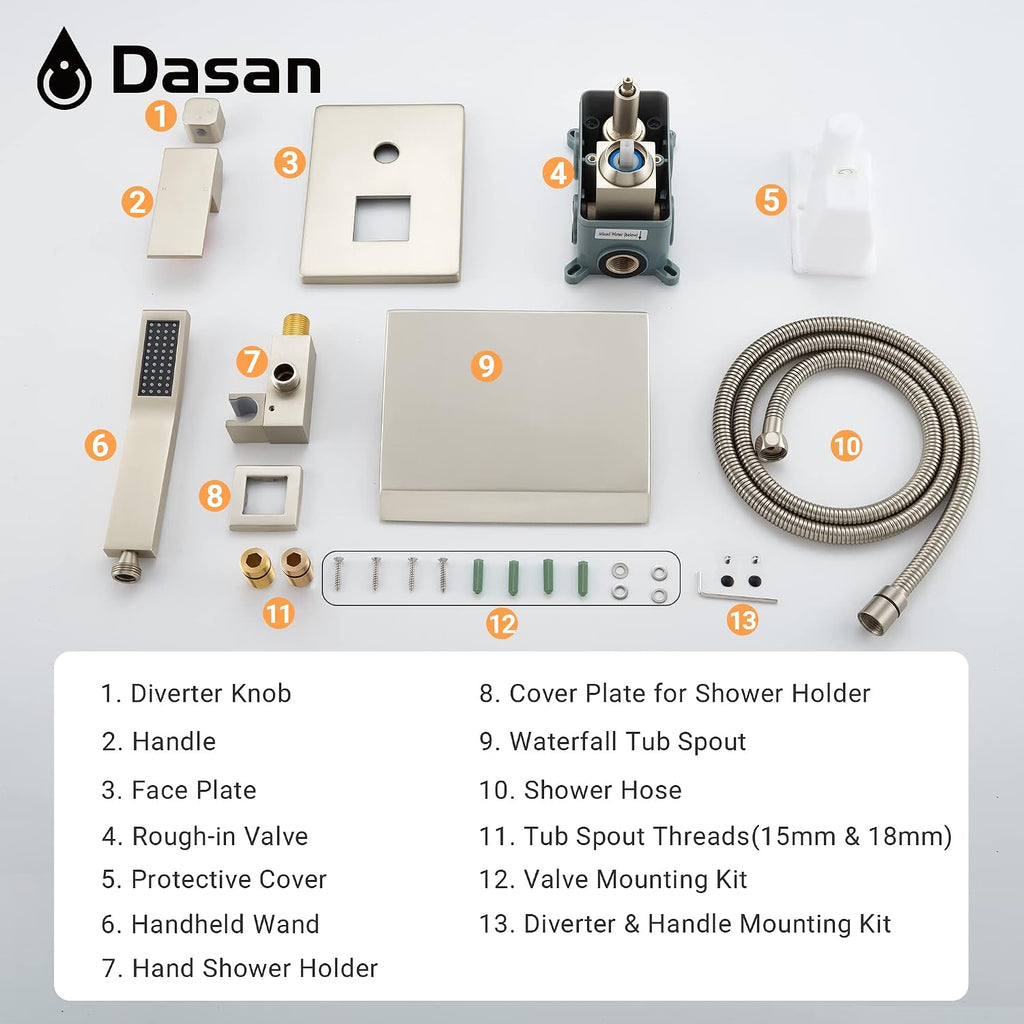 Upgraded Wall Mount Tub Filler Faucet with Handheld Shower, DASAN Modern Wall Mounted Bathtub Faucet Brushed Nickel High Flow Waterfall Tub Faucet with Rough in Valve, SA-TF04WH-BN