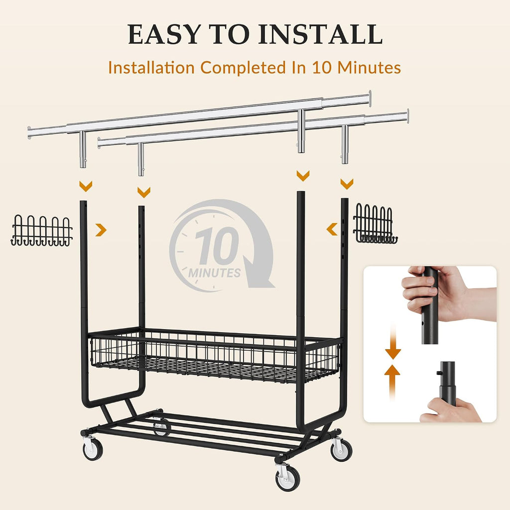 Gewudraw Heavy Duty Clothes Rack with Metal Basket, 1060 LBS Rolling Double Rod Garment Rack, Portable Extendable Clothing Rack with Wheel for Bedroom, Laundry Room & Retail Store