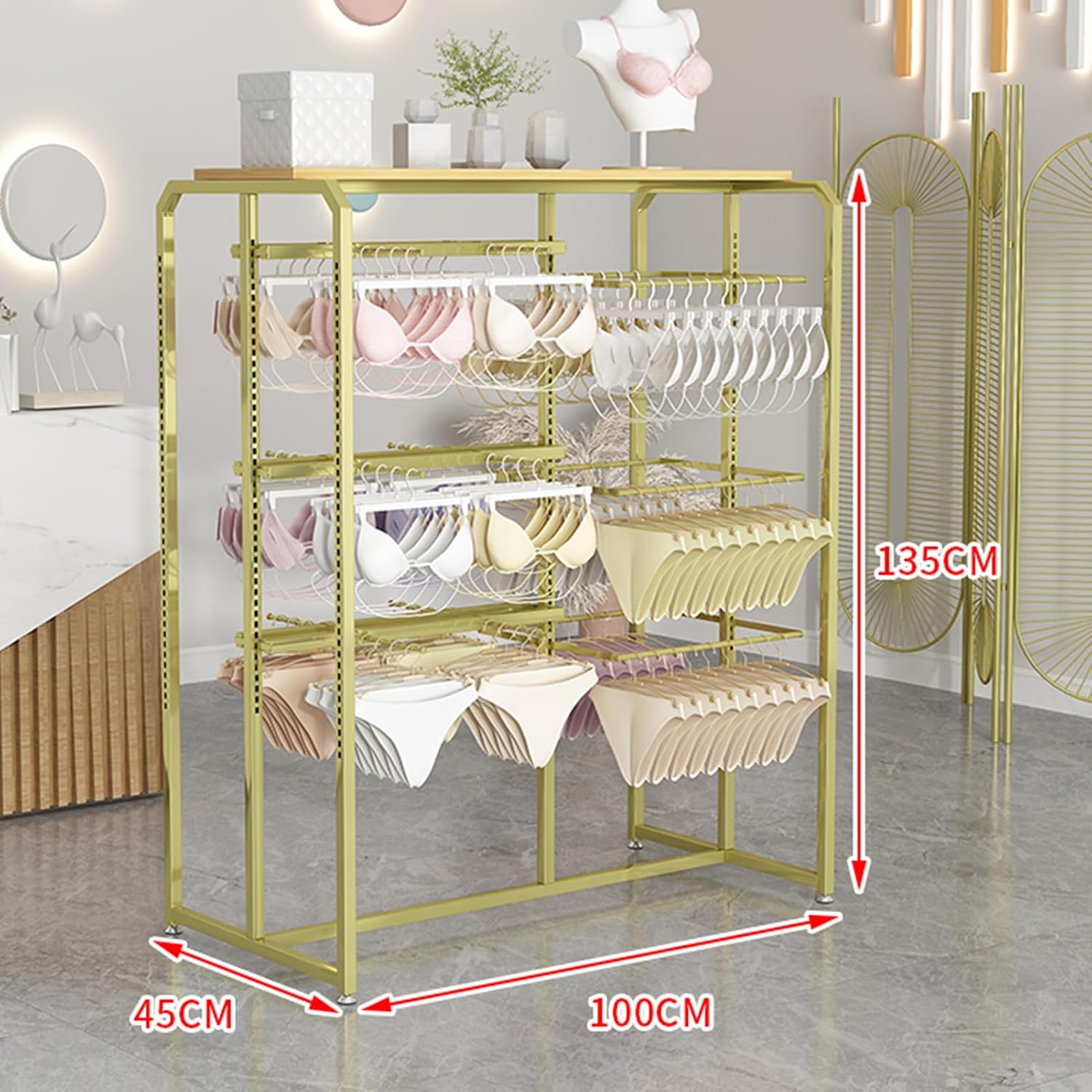 Gold Metal Display Stand for Retail Store | Garment Rack, Clothing Hanger, Underwear, Panty, Shorts & Bra Organizer | Boutique & Mall Use，Gold a 100X45X135CM