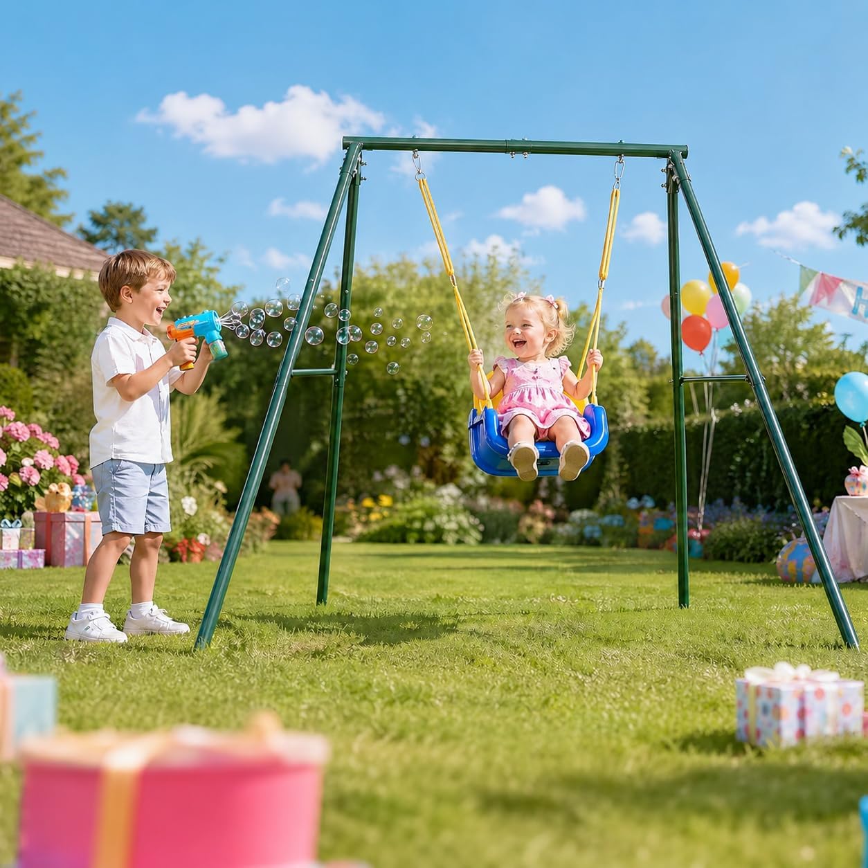 CYFIE Toddler Swing Set, 4-in-1 Kids Swing Sets for Backyard, Indoor/Outdoor Baby Swing with Heavy Duty Metal Stand, Suitable Gift for Aged 6 Months to 10 Years Old