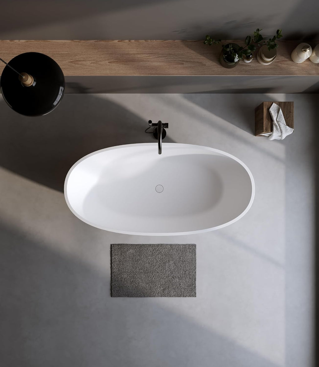 59' Stone Resin Freestanding Bathtub, Oval Shape Solid Surface Bathroom Freestanding Tubs, Stand Alone Soaking Tubs with Integrated Slotted Overflow and Drain, Matte White