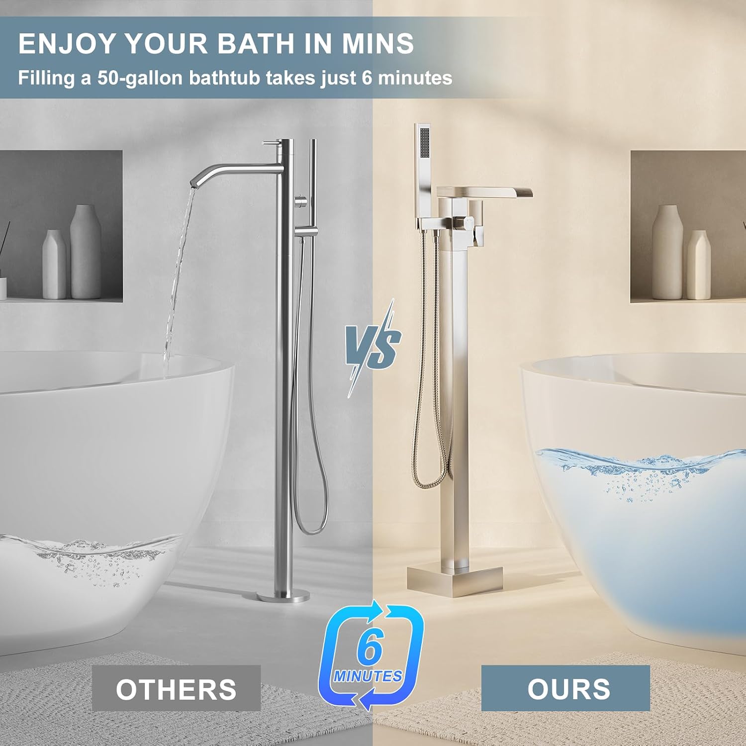 HAWKROWN Freestanding Bathtub Faucet, Floor Mount Bathtub Faucet with 2 Water Outlet Modes, Swivel Gooseneck Spout with Hand Shower,Single Handle, Max Flow Rate 7.4 GPM (Waterfall-Brushed Nickel)