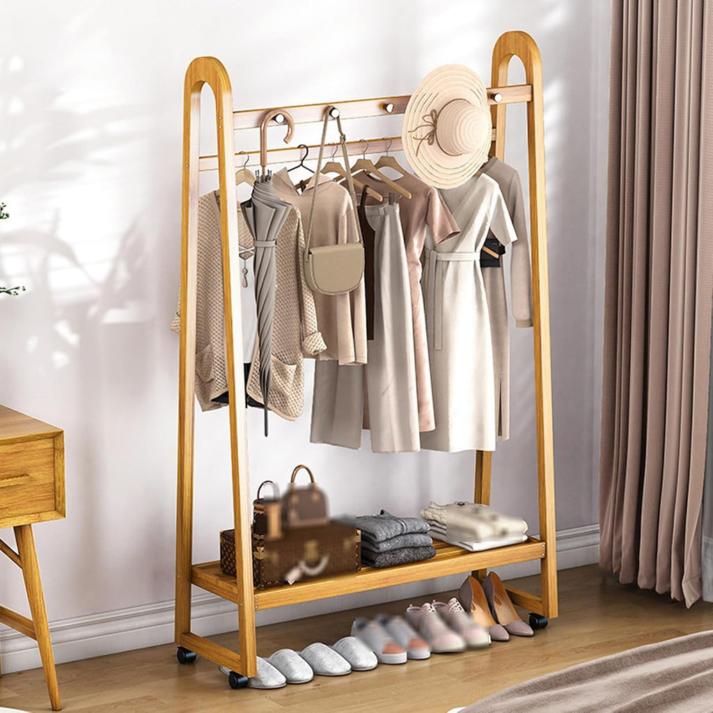 Bamboo Clothes Rack Freestanding Coat Rack Stand Portable Clothing Rack w/Storage Shelf and Hanging Rod Rolling Garment Rack w/Wheels for Entryway
