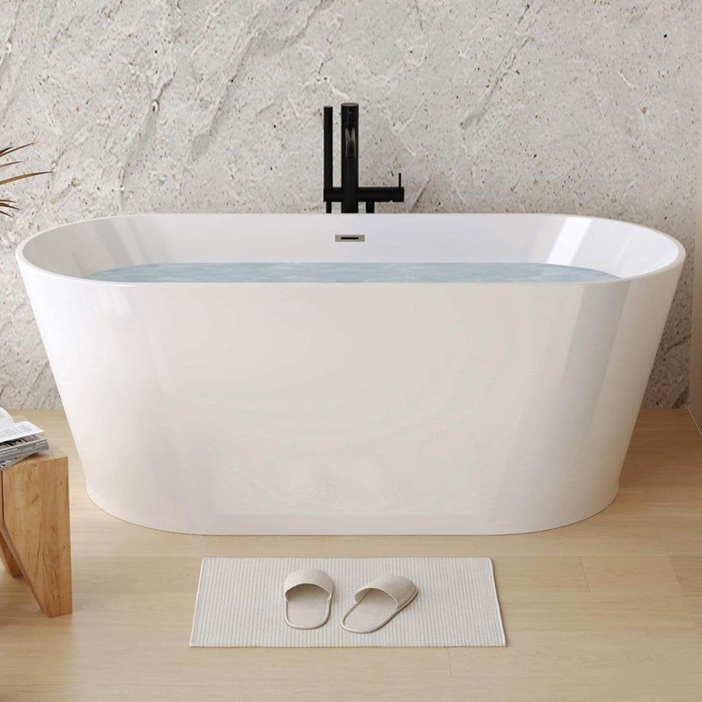 59' Acrylic Bathtub Free Standing Bath Tub for Bathroom, Contemporary Stand Alone Soaking Tub with Toe-Tap Chrome Drain & Overflow & Adjustable Feet, Gloss White