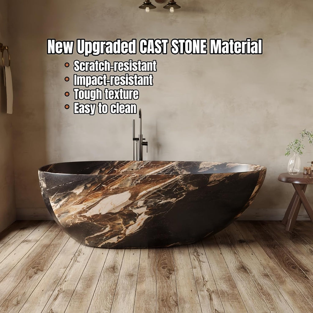 56' Edeyeu Freestanding Bathtub - Deep Soaking Tub with Engineered Stone Build, Ergonomic Backrest and Heat-Retaining Layers, Modern Solid Surface Bathtub for Luxury Home Spa Rock color C