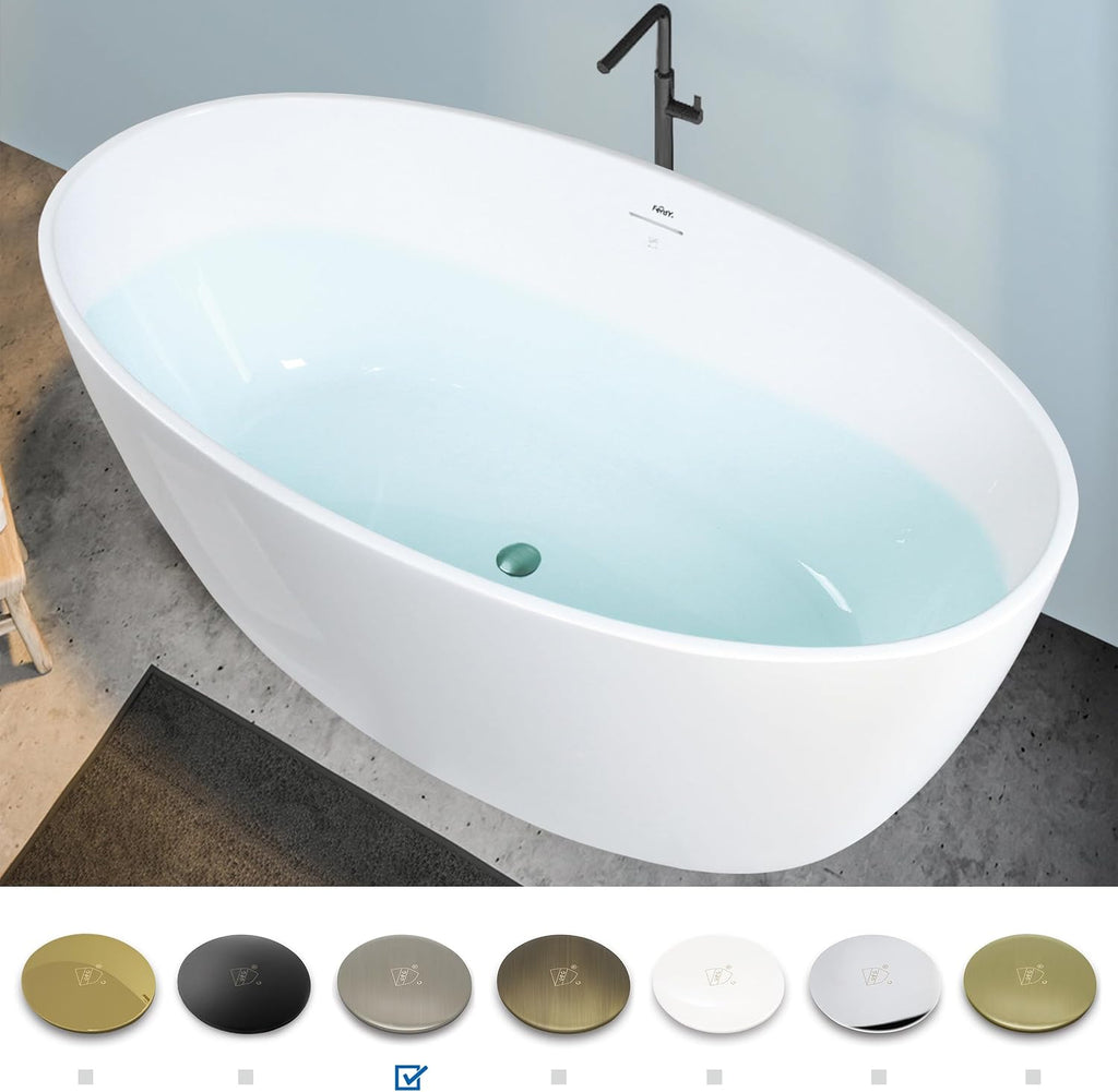FerdY 59' Acrylic Freestanding Bathtub, Contemporary Soaking tub with Brushed Nickel Drain & Overflow, cUPC Certified, Elegant Oval Shape, Tahiti