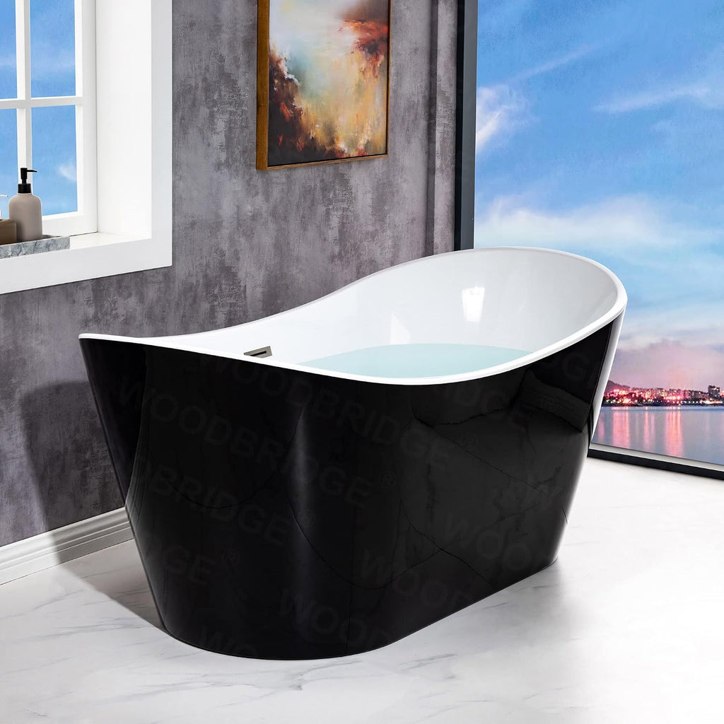 WOODBRIDGE 67' Acrylic Freestanding Bathtub Contemporary Soaking Tub with Brushed Nickel Overflow and Drain,Black,B1815-BN