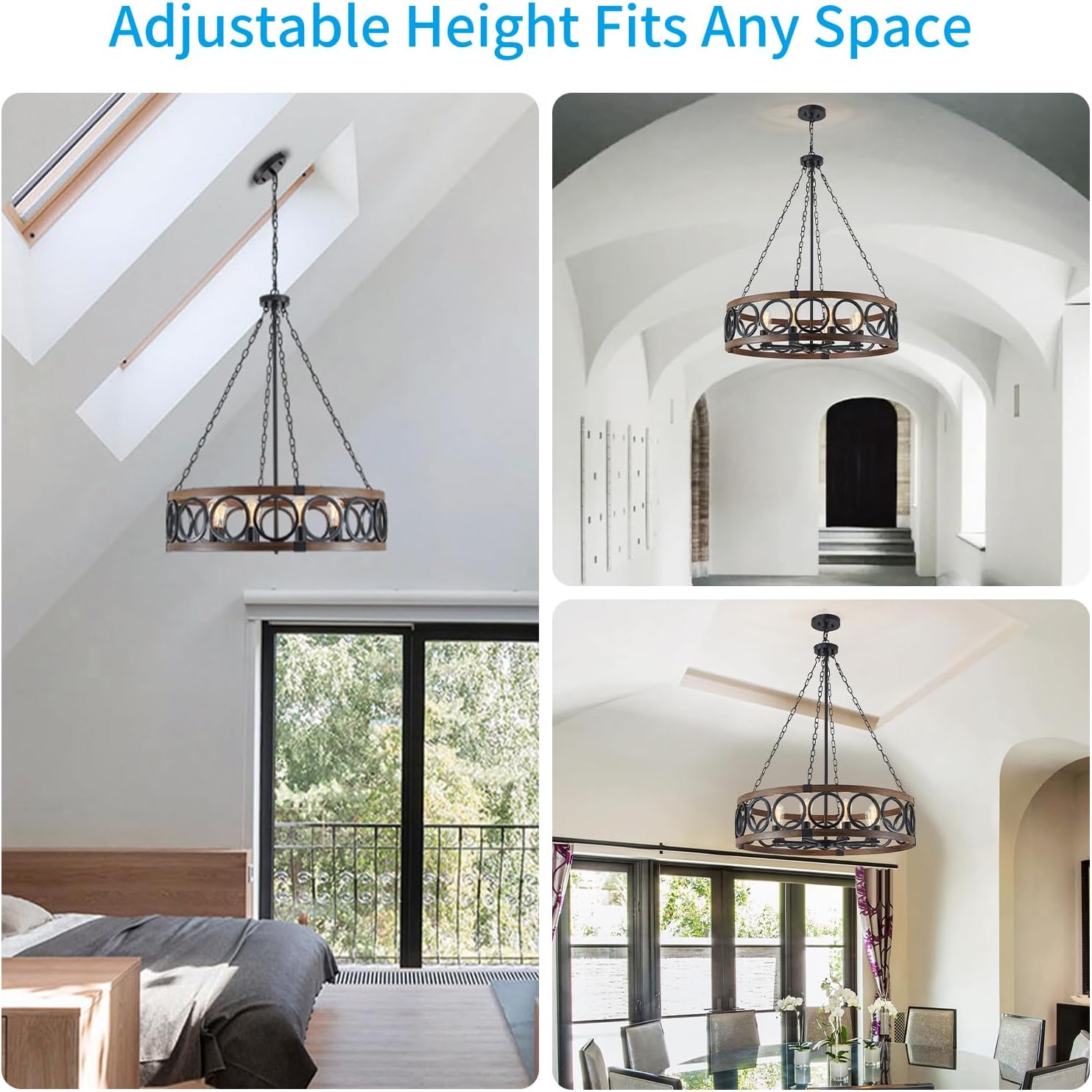 XINGQI Modern Farmhouse Chandelier 32.3' Large Drum 8 Lights Rustic Pendant Lighting Fixture for Living Room Dining Room Kitchen Island Bar Office, Round Metal Shade Black Wood Grain Finish