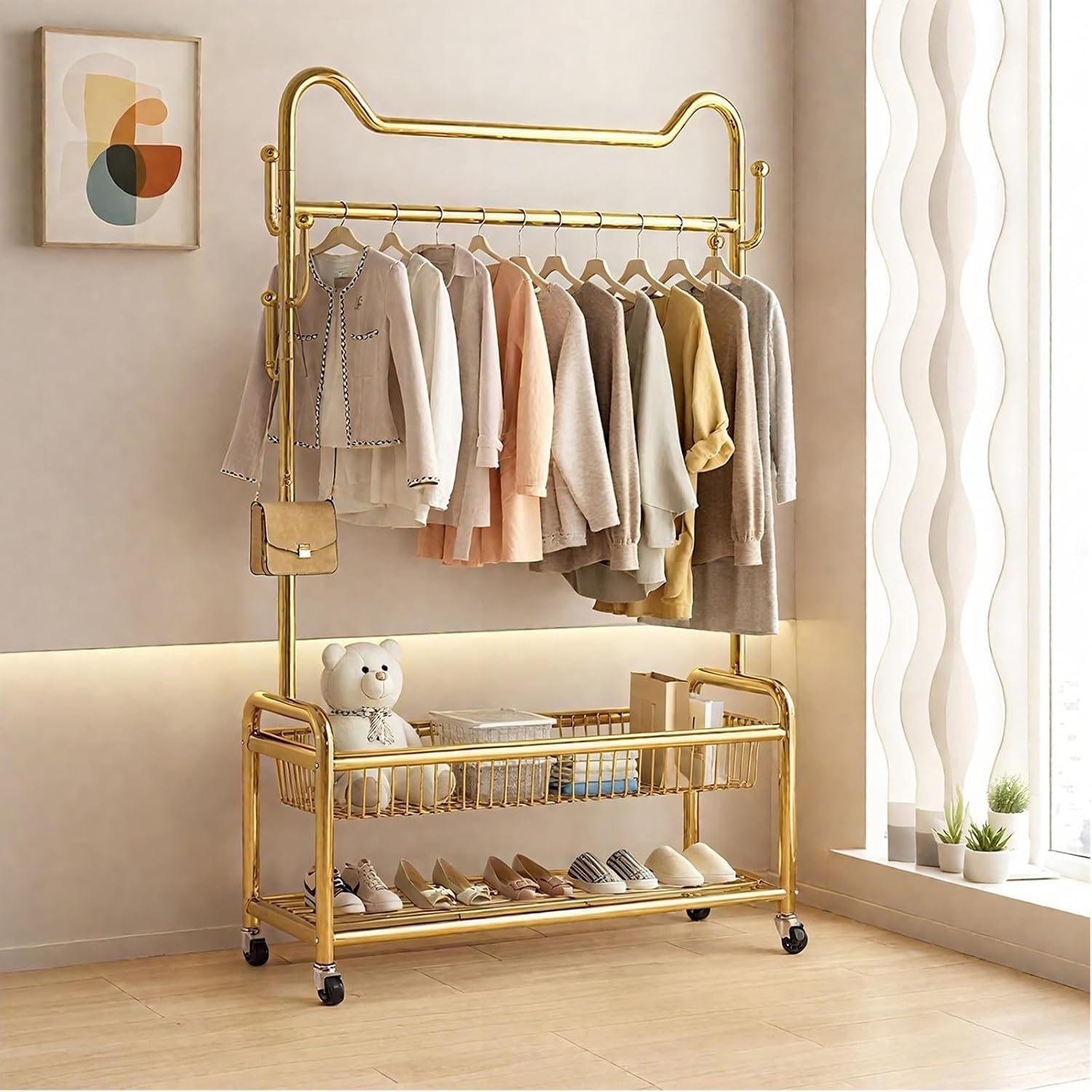 Heavy-Duty Clothes Rack,Garment Rack With Storage Shelves And Coat/Hat Hooks,Hanging Racks For Clothes With Wheels,Freestanding Rolling Clothing Organizer For Bedroom Storage(Gold,60cm(23.6in))