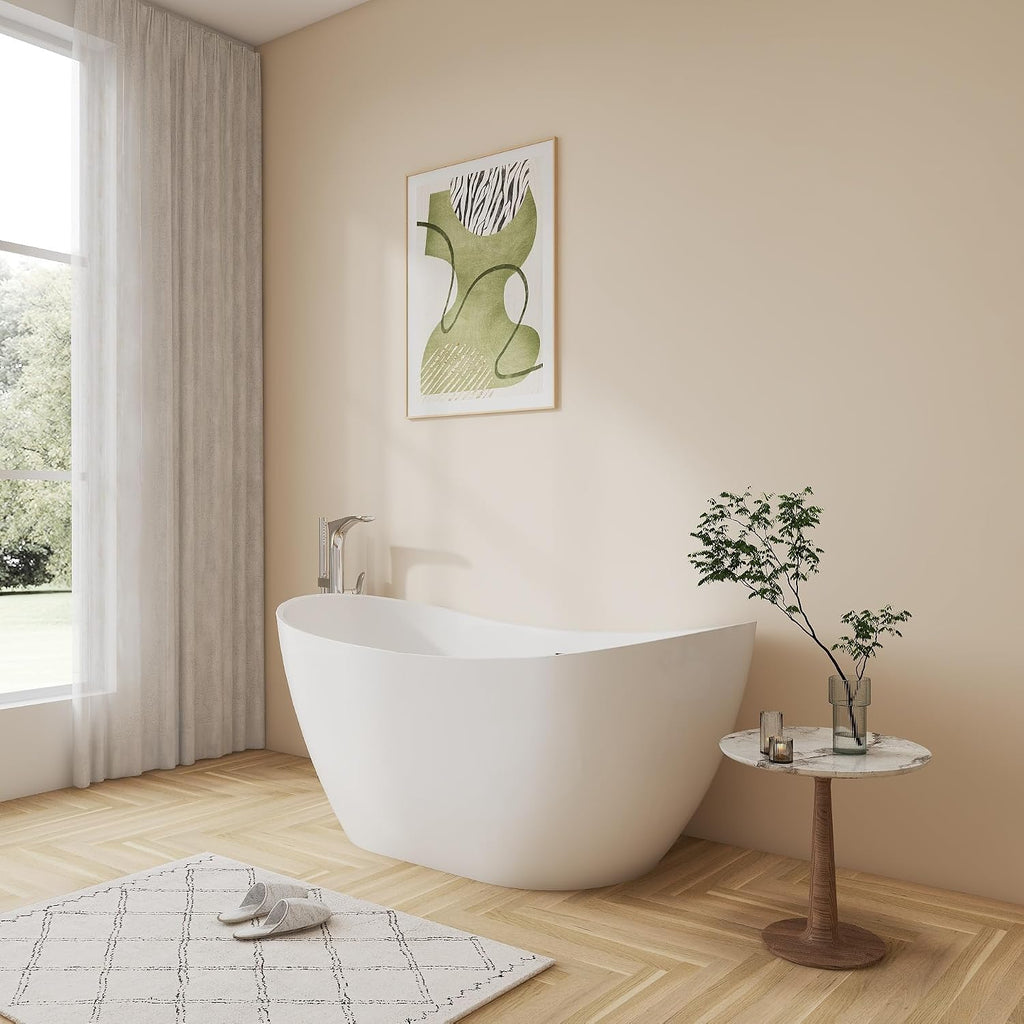 60' Premium Modern Stand Alone Freestanding Bathtubs, Upgraded Acrylic Oval White Soaking Bathroom Tub with CUPC Drain