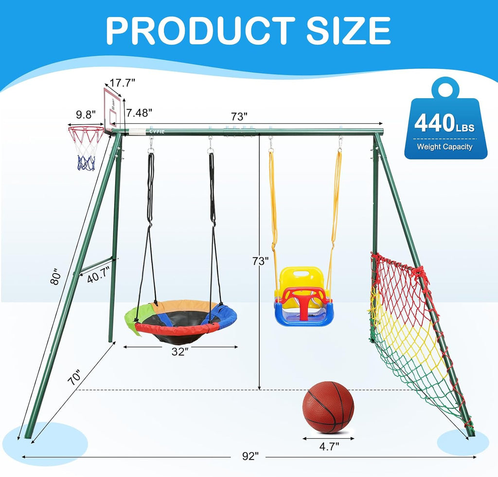 CYFIE Swing Sets for Backyard, 7-in-1 Kids Swing Set and Saucer Swing, Outdoor 440lbs Heavy Duty Metal Frame Stand, Basketball Hoop and Soccer Goal, Toddler Playset for Backyard, Playground