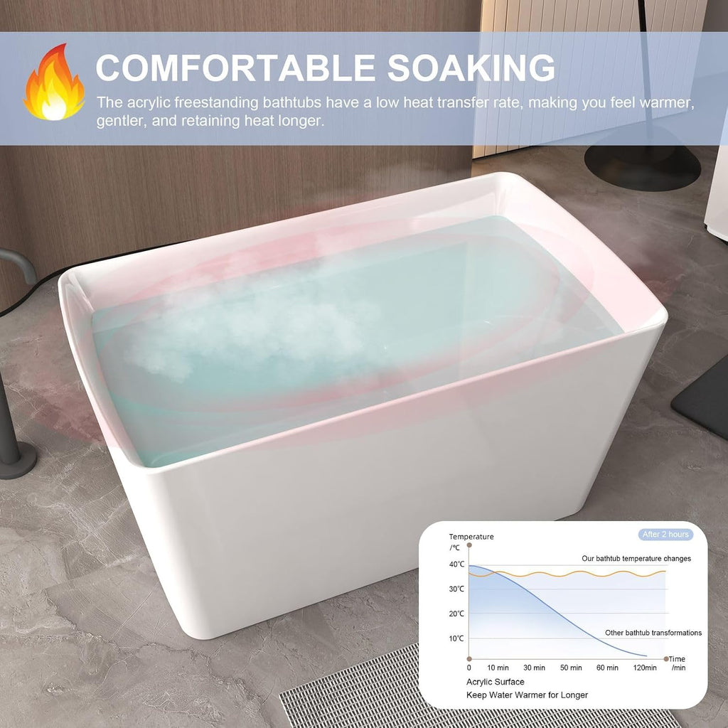 47' Acrylic Freestanding Bathtub with Seat, Square-Shape Japanese Soaking Tub, Stand Alone Bathtub with Chrome Overflow & Drain for Bathroom, Gloss White
