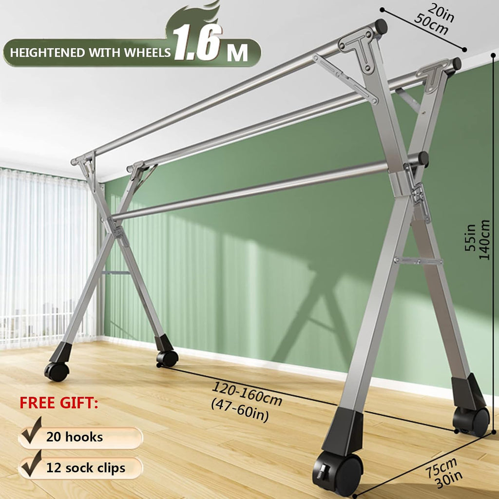 Retractable Heavy Duty Clothes Drying Rack - 1.6m Stainless Steel Collapsible Indoor/Outdoor Garment Rail, Foldable Airer, Easy Install, Space-Saving Laundry Solution