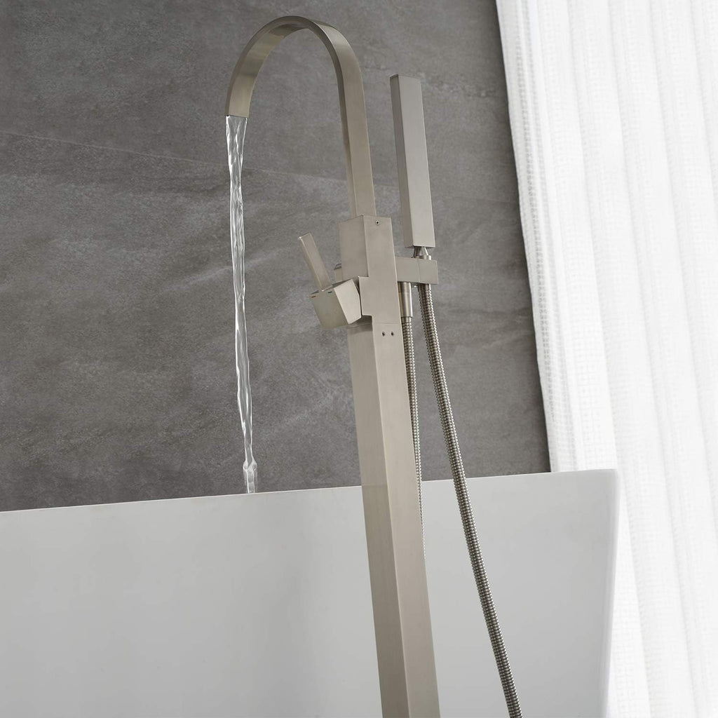 Freestanding Bathtub Faucet Tub Filler Brushed Nickel Waterfall Floor Mount Faucets Single Handle with Hand Shower