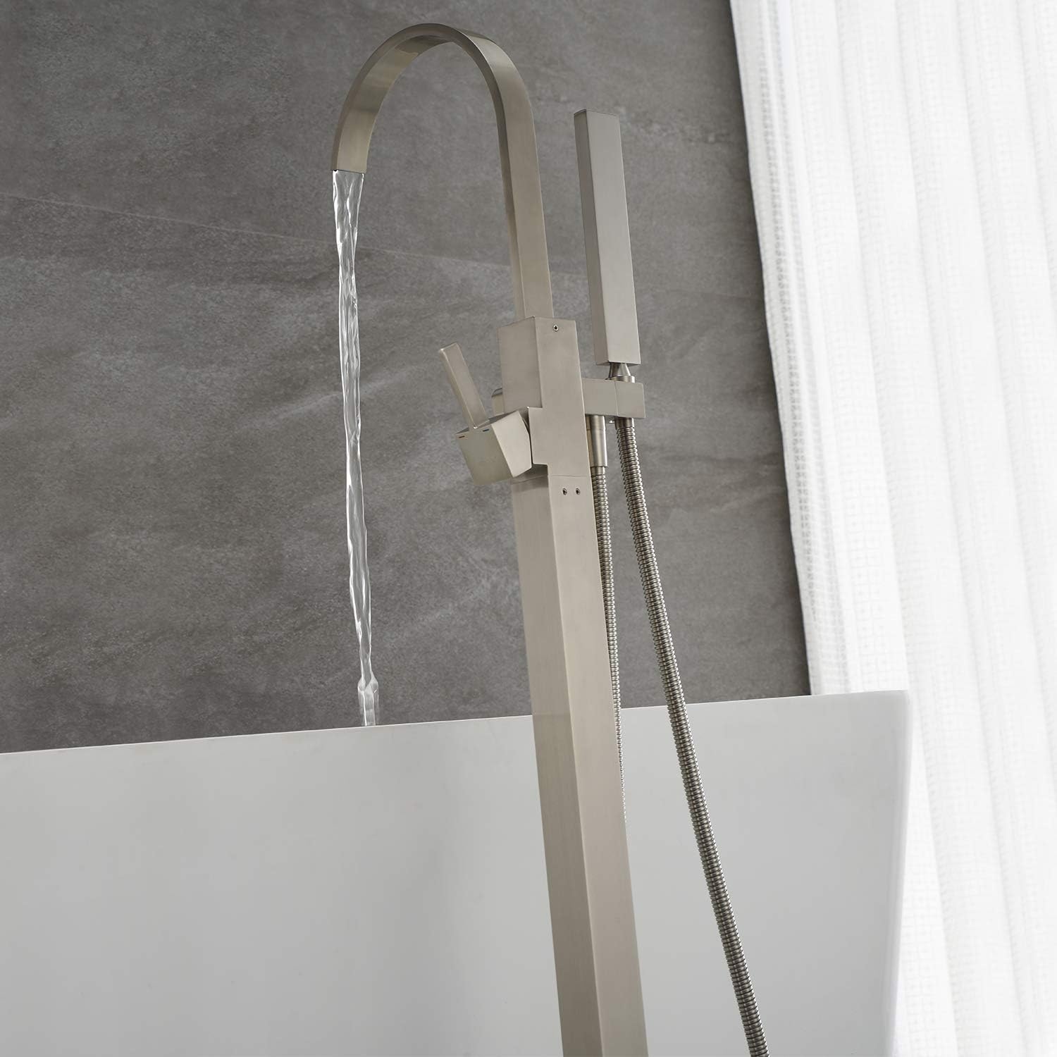 Freestanding Bathtub Faucet Tub Filler Brushed Nickel Waterfall Floor Mount Faucets Single Handle with Hand Shower