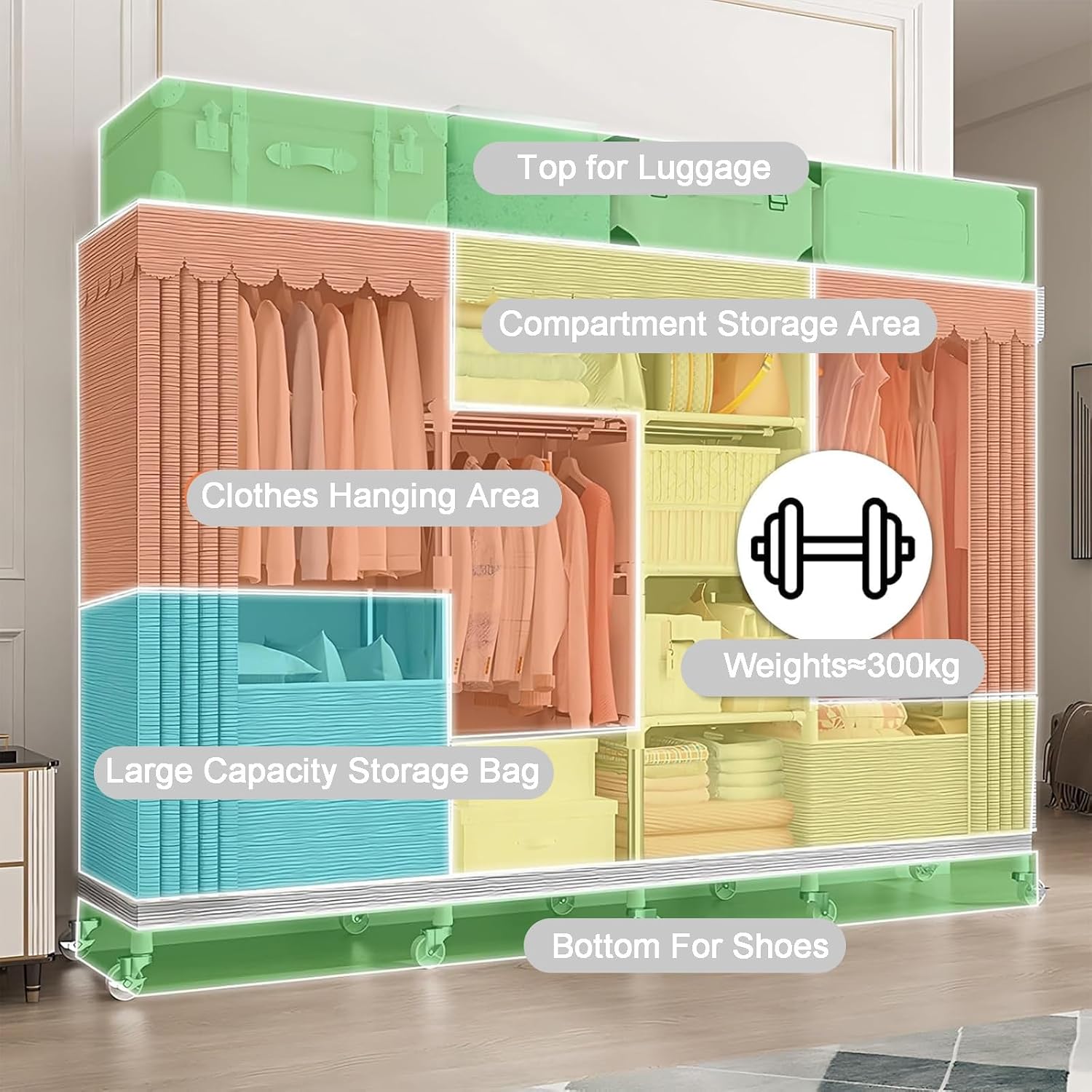 Heavy-duty Foldable Wardrobe Closet, Portable Clothing Organizer Storage Rack, Clothe Rack with Wheel W/cover
