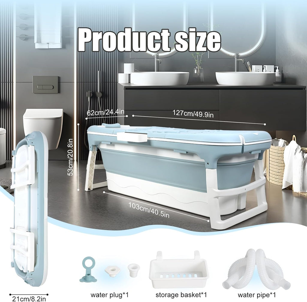 Portable Bathtub, 58/56/50/46 Inch Collapsible Bathtub, Freestanding Foldable Bath Tub for Adults, Folding Tub for Shower, Hot Bath, Ice Bath Blue-B-130cm
