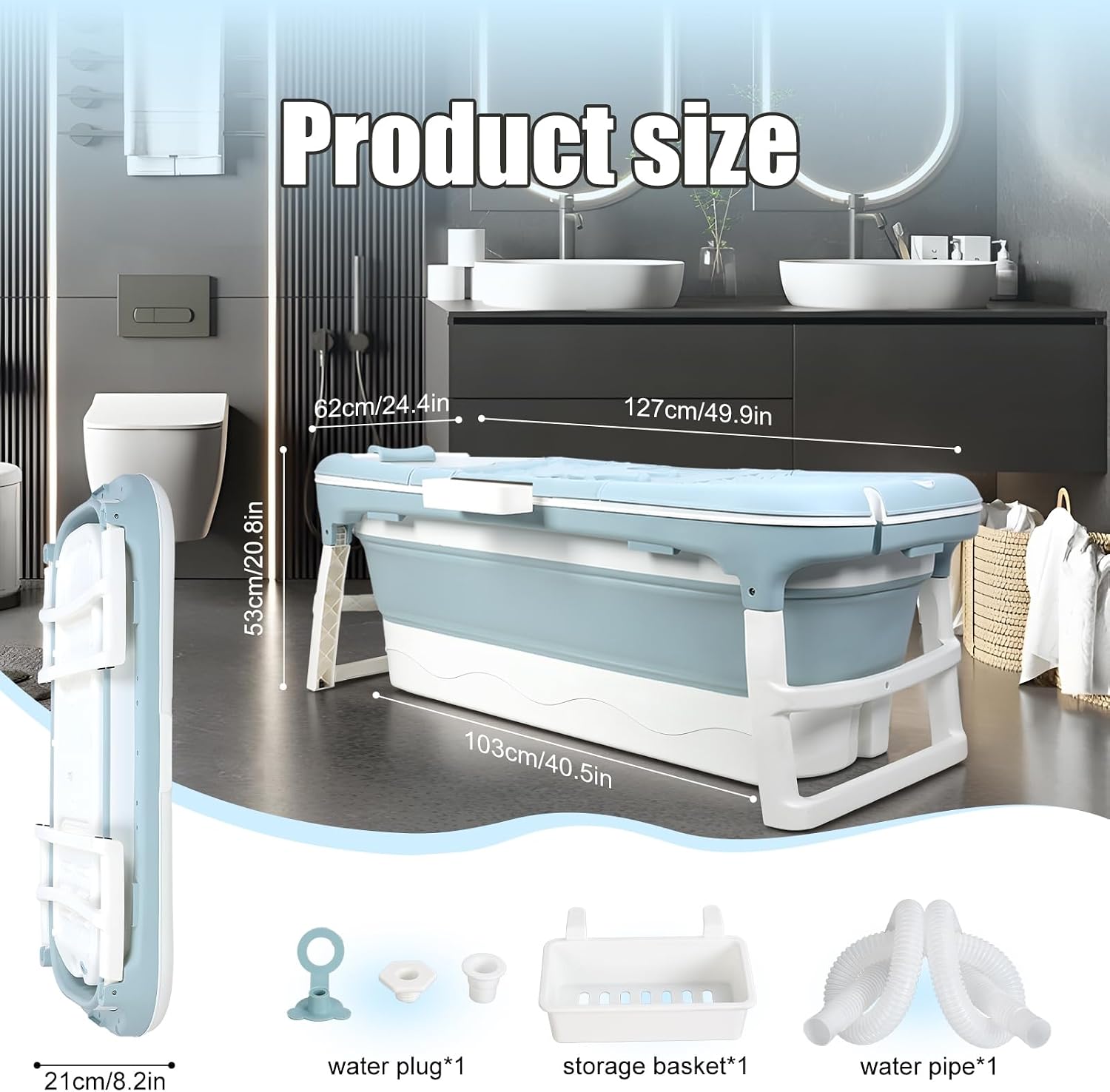 Portable Bathtub, 58/56/50/46 Inch Collapsible Bathtub, Freestanding Foldable Bath Tub for Adults, Folding Tub for Shower, Hot Bath, Ice Bath Blue-B-130cm