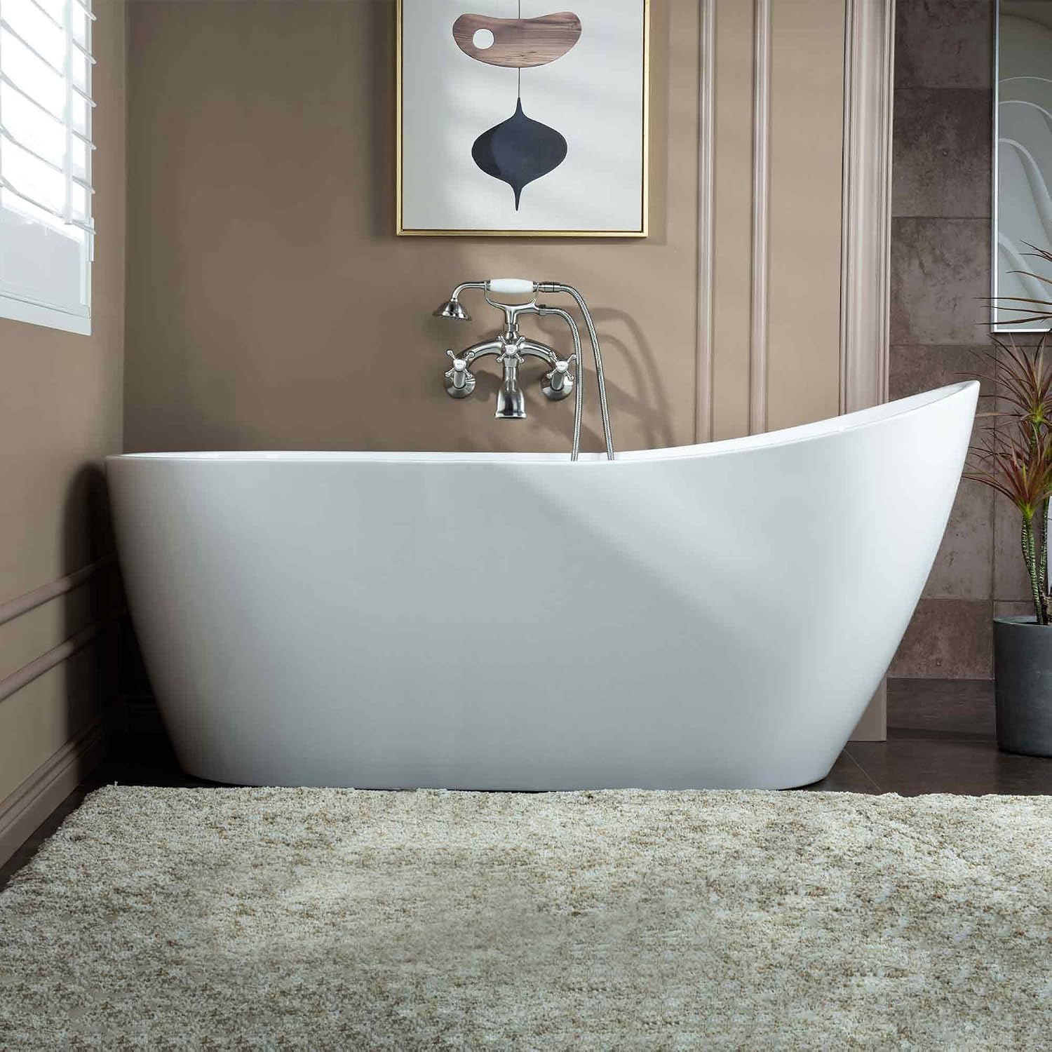 WOODBRIDGE 67' Acrylic Freestanding Bathtub Contemporary Soaking White Tub with Chrome Overflow and Drain