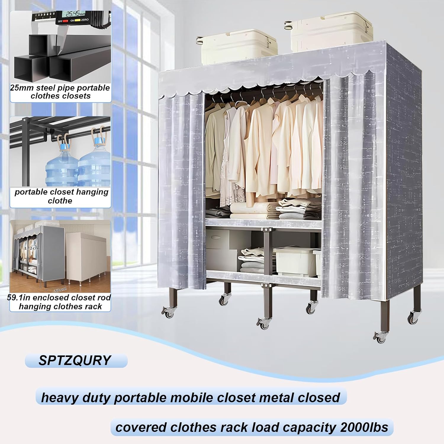 Heavy Duty Rolling Covered Metal Garment Rack with Lockable Wheels and Door, Load 2000lbs, Portable Closets for Hanging Clothes, Large Capacity 360°Enclosed Clothing Racks (A, 59.1in/150cm)