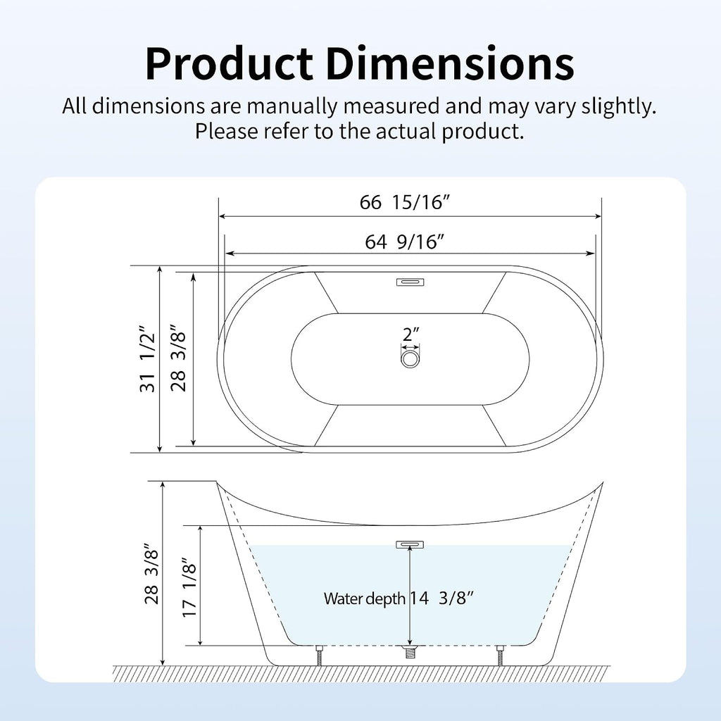 DeerValley 67' Freestanding Bathtub, Acrylic Soaking Tub with Center Drain & Integrated Overflow, Modern Standalone Shower Tub White, Deep Soaker, Ergonomic Design