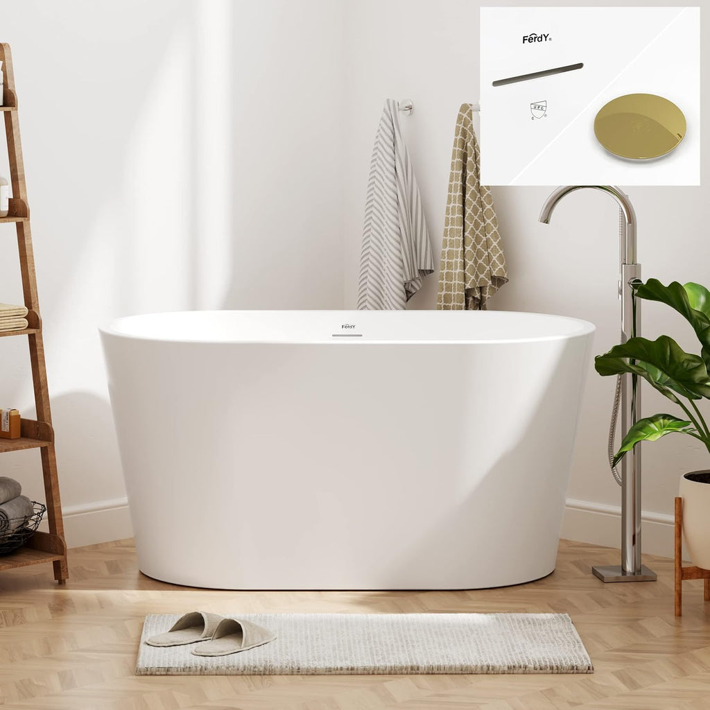 FerdY Shangri-La 47' Acrylic Freestanding Bathtub, Small Classic Oval Shape Acrylic Soaking Bathtub with Polished Gold Drain & Bath Pillow for Bathtub,Thick Tub Pillows, Breathable 4D Air Mesh