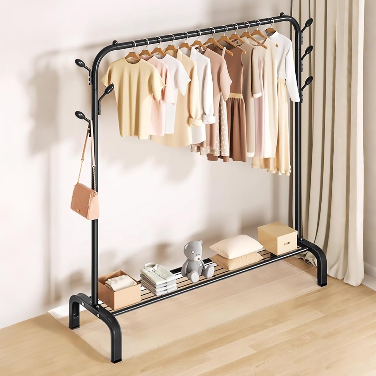 Clothes Rack,Clothing Rack For Hanging Clothes,Metal Garment Rack With Storage Shelf,Free Standing Multi-Functional Coat Rack With Hooks,Black(130cm/51.2in)