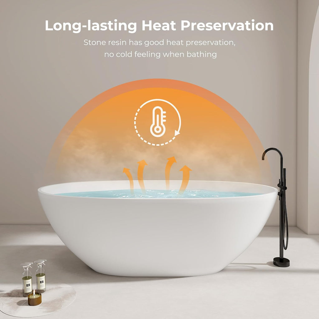 Upgraded 65' Solid Surface Freestanding Bathtub, Oval Stone Resin Tub with Overflow and Pop-up Drain, Matte White
