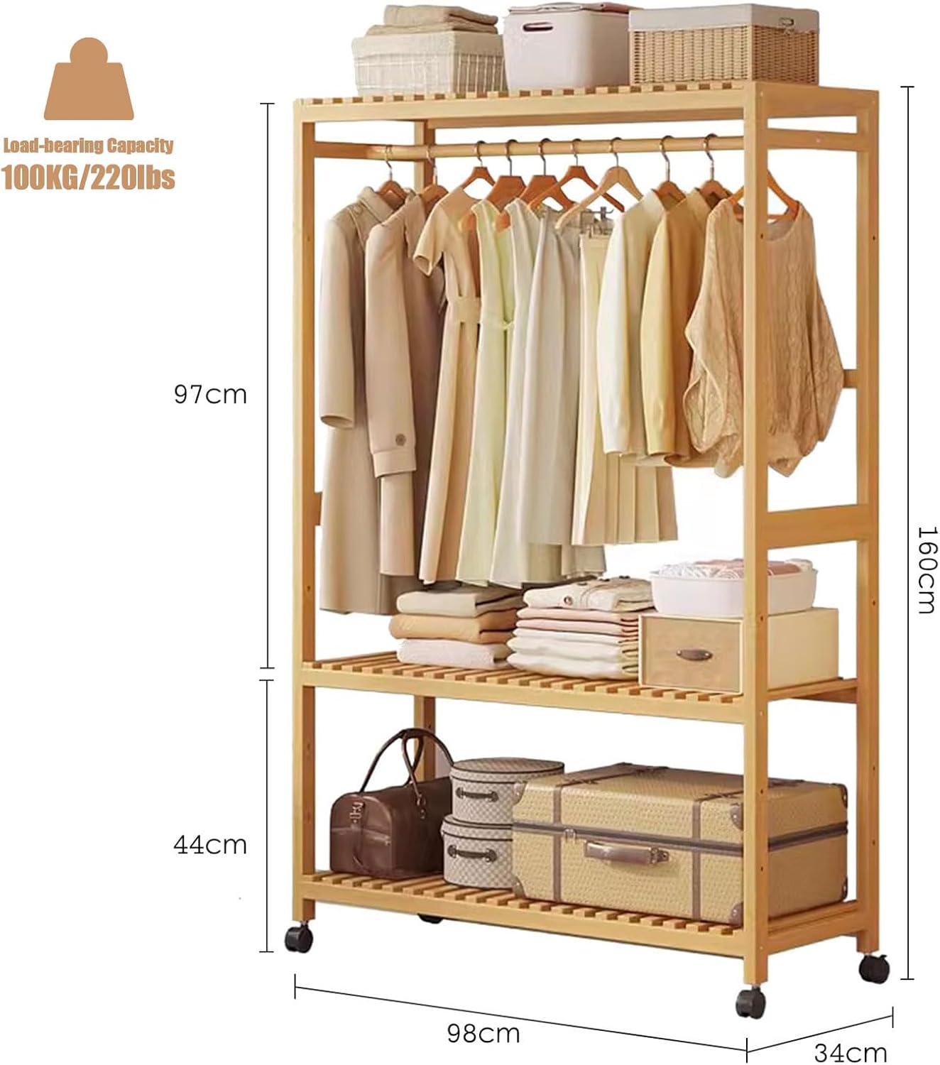 Bamboo Clothing Rack on Wheels, Rolling Clothes Rail Rack with Adjustable Storage Shelves and Hanging Rails, Free Standing Garment Rack for Bedroom Living Room