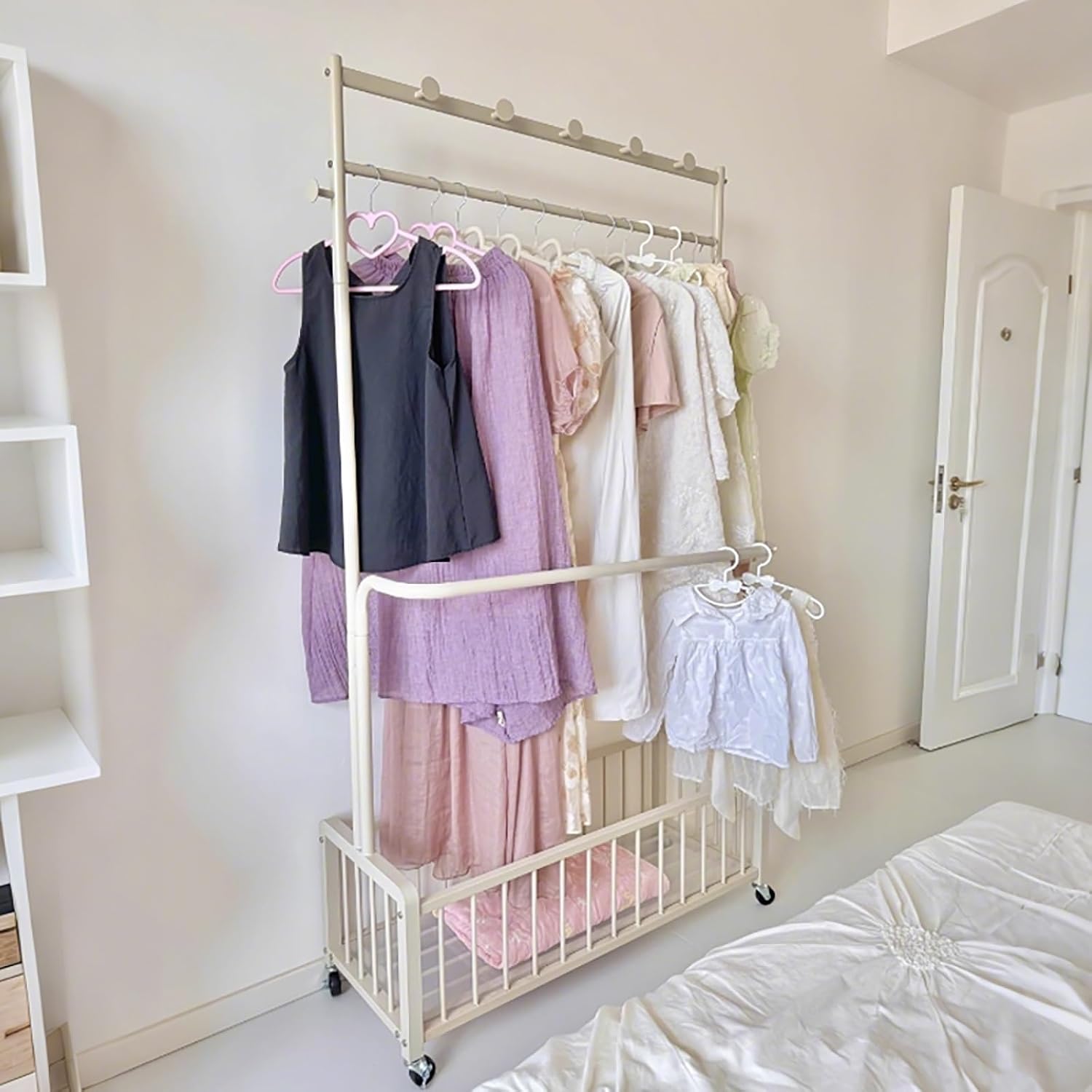 Clothes Rack With Storage Mesh Shelf,Garment Rack With Wheels,Heavy-Duty Metal Clothing Rack,Portable Rolling Clothing Rack For Entryway,Bedroom(White,80cm/31.5in)