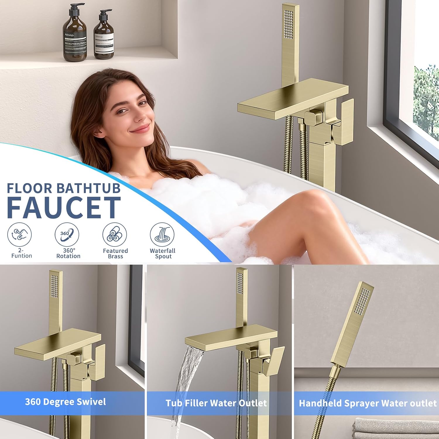 Freestanding Bathtub Faucet with Handheld Spray Single,High Flow Waterfall Bath Shower Faucet,Floor Mount Bathtub Faucet Swivel Flat Waterfall Spout Brushed Gold