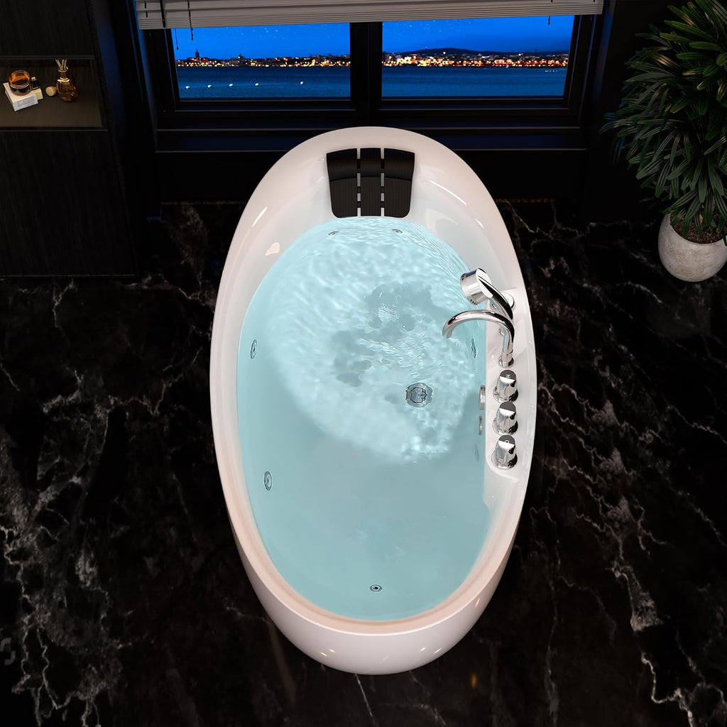 Empava 59' x 28' Freestanding Whirlpool Tub, Stand Alone Jetted Bathtub, Boat Shape with Large Recline Angle, Hydromassage, Adjustable Water Nozzles,Acrylic,ETL Certified
